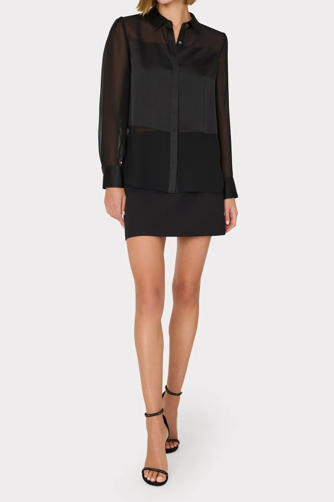 MILLY Tops-Andy Satin Combo Button Up Blouse Black