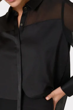 MILLY Tops-Andy Satin Combo Button Up Blouse Black