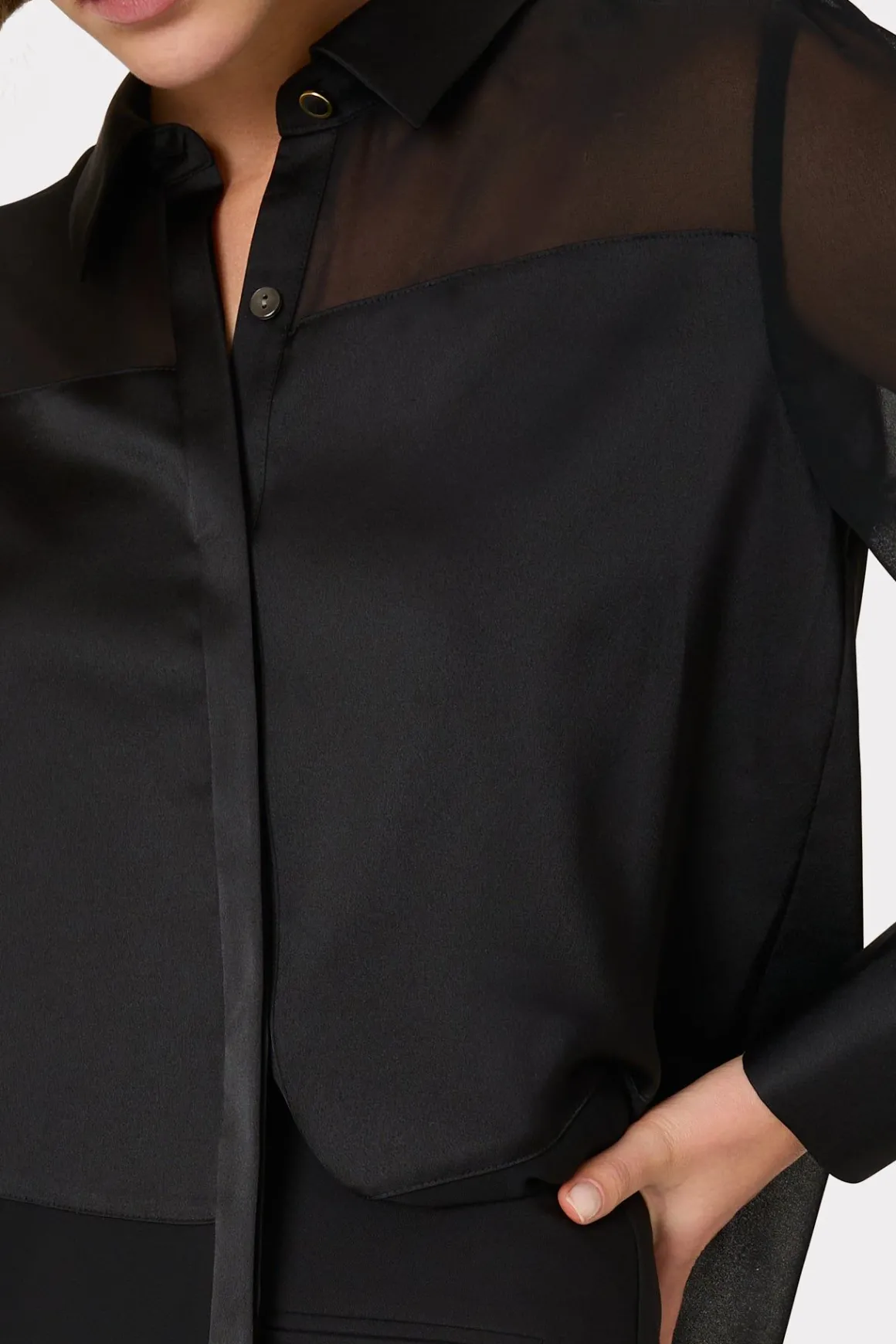 MILLY Tops-Andy Satin Combo Button Up Blouse Black