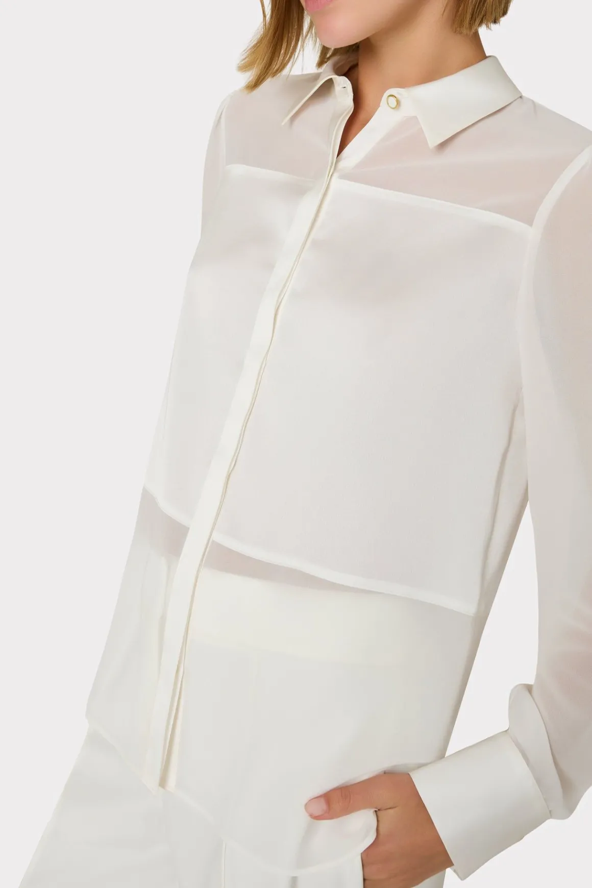 MILLY Tops-Andy Satin Combo Button Up Blouse White