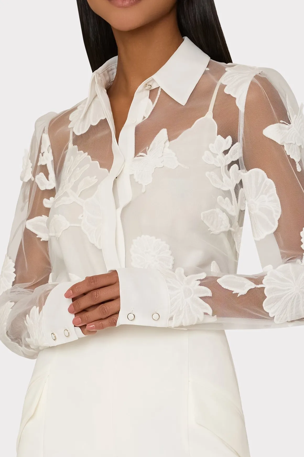 MILLY Tops-Ashley 3D Butterfly Embroidery Blouse White
