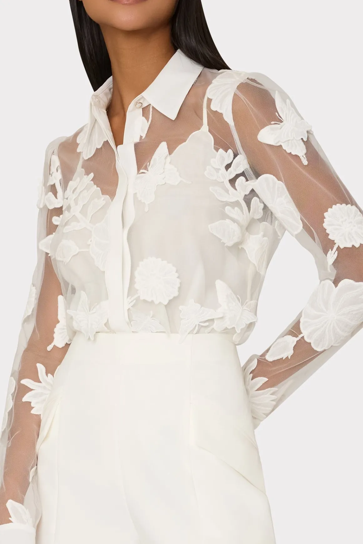 MILLY Tops-Ashley 3D Butterfly Embroidery Blouse White