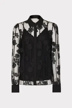 MILLY Tops-Ashton 3D Butterfly Embroidery Blouse Black