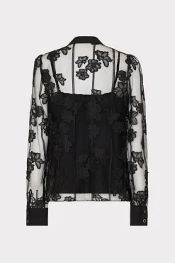 MILLY Tops-Ashton 3D Butterfly Embroidery Blouse Black