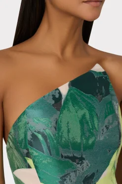 MILLY Guest Of Dresses-Asymetrical Tropical Forest Jacquard Midi Dress Green Multi