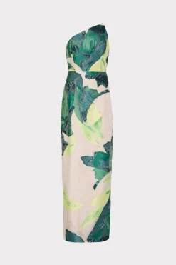 MILLY Evening Gowns-Asymetrical Tropical Forest Jacquard Midi Dress Green Multi