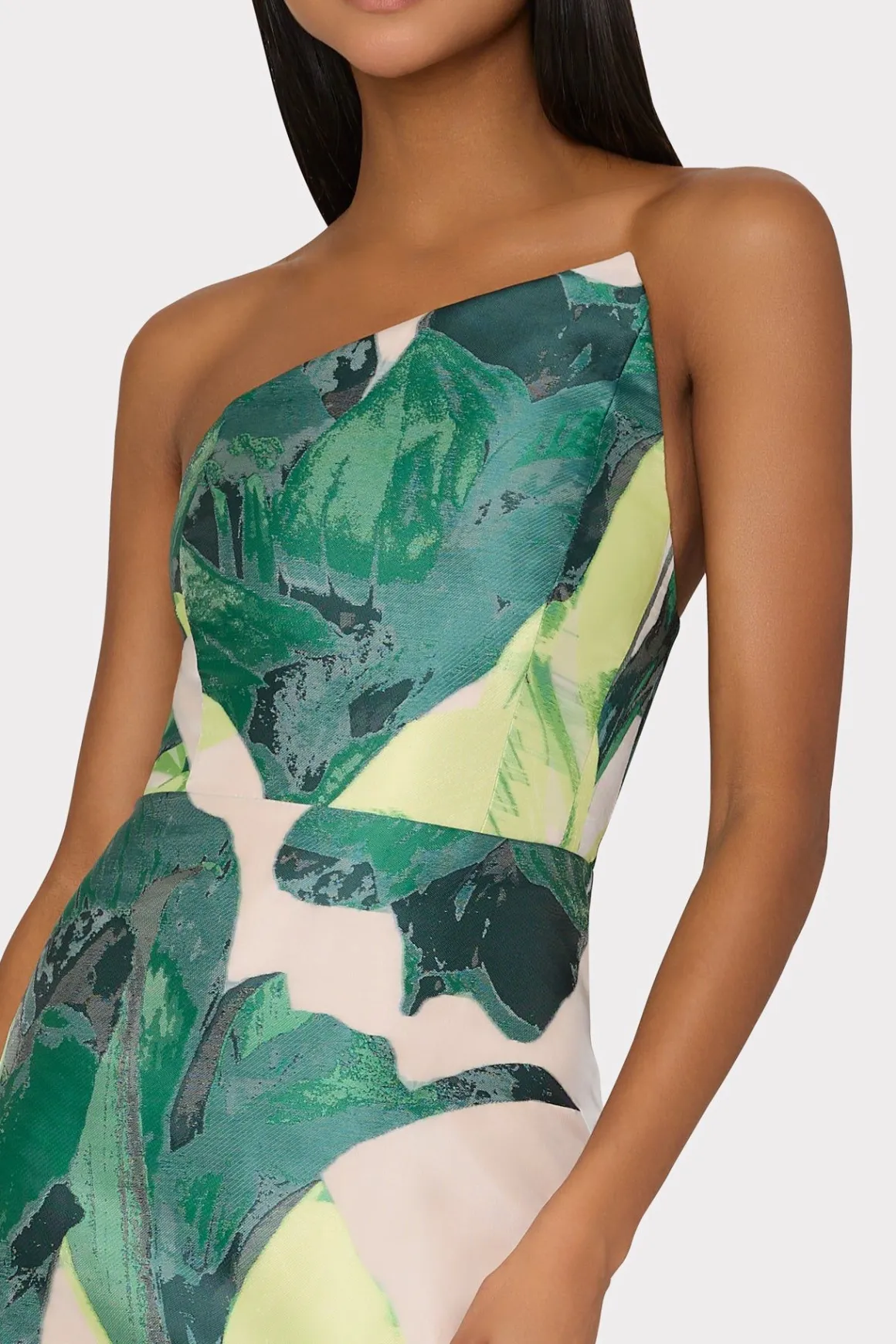 MILLY Evening Gowns-Asymetrical Tropical Forest Jacquard Midi Dress Green Multi