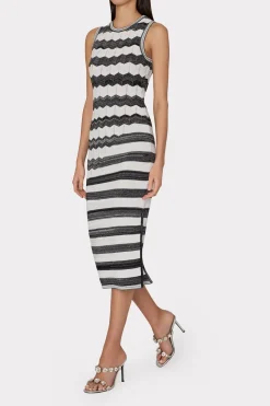 MILLY Sundresses-Asymetrical Zig Zag Midi Dress Black/Ecru