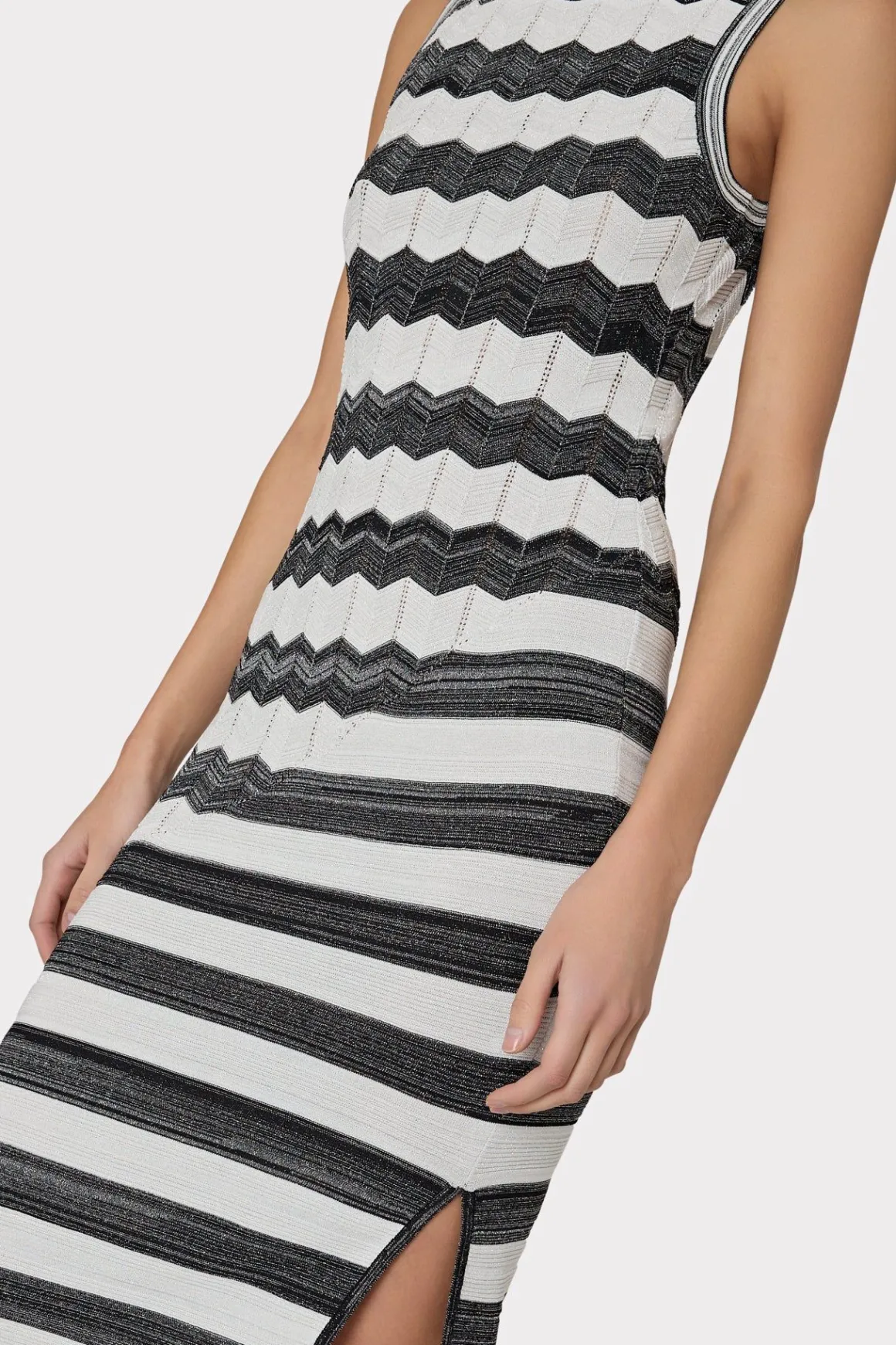 MILLY Little Black Dresses-Asymetrical Zig Zag Midi Dress Black/Ecru