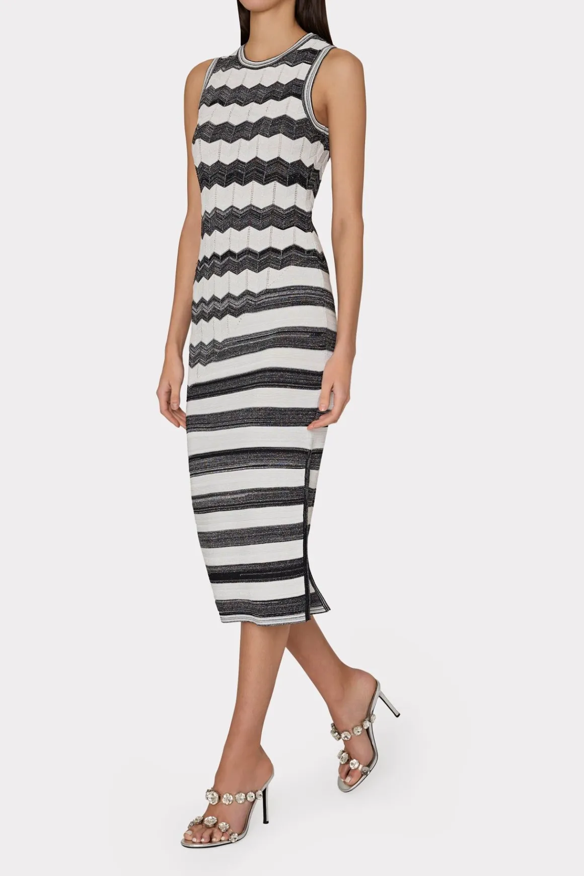 MILLY Jumpsuits & Rompers-Asymetrical Zig Zag Midi Dress Black/Ecru