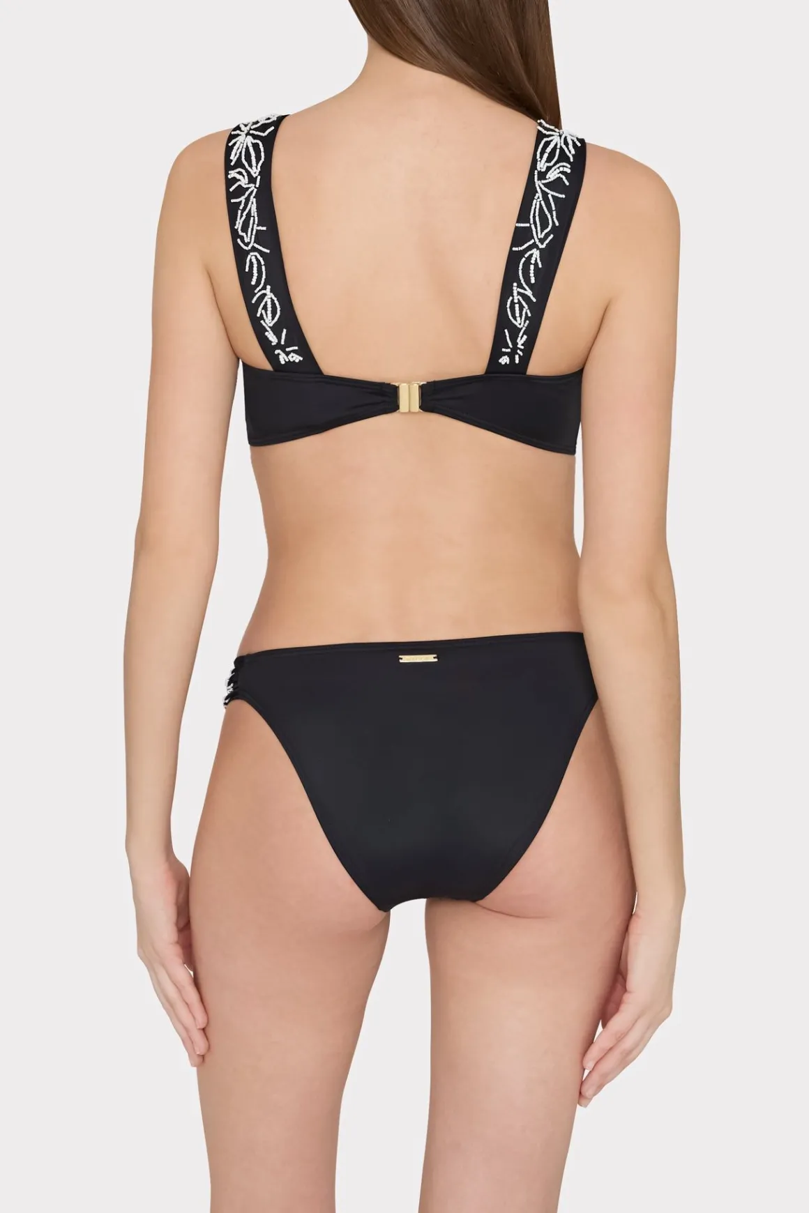 MILLY Jumpsuits & Rompers-Beaded Applique Shoulder Draped Bikini Top Black