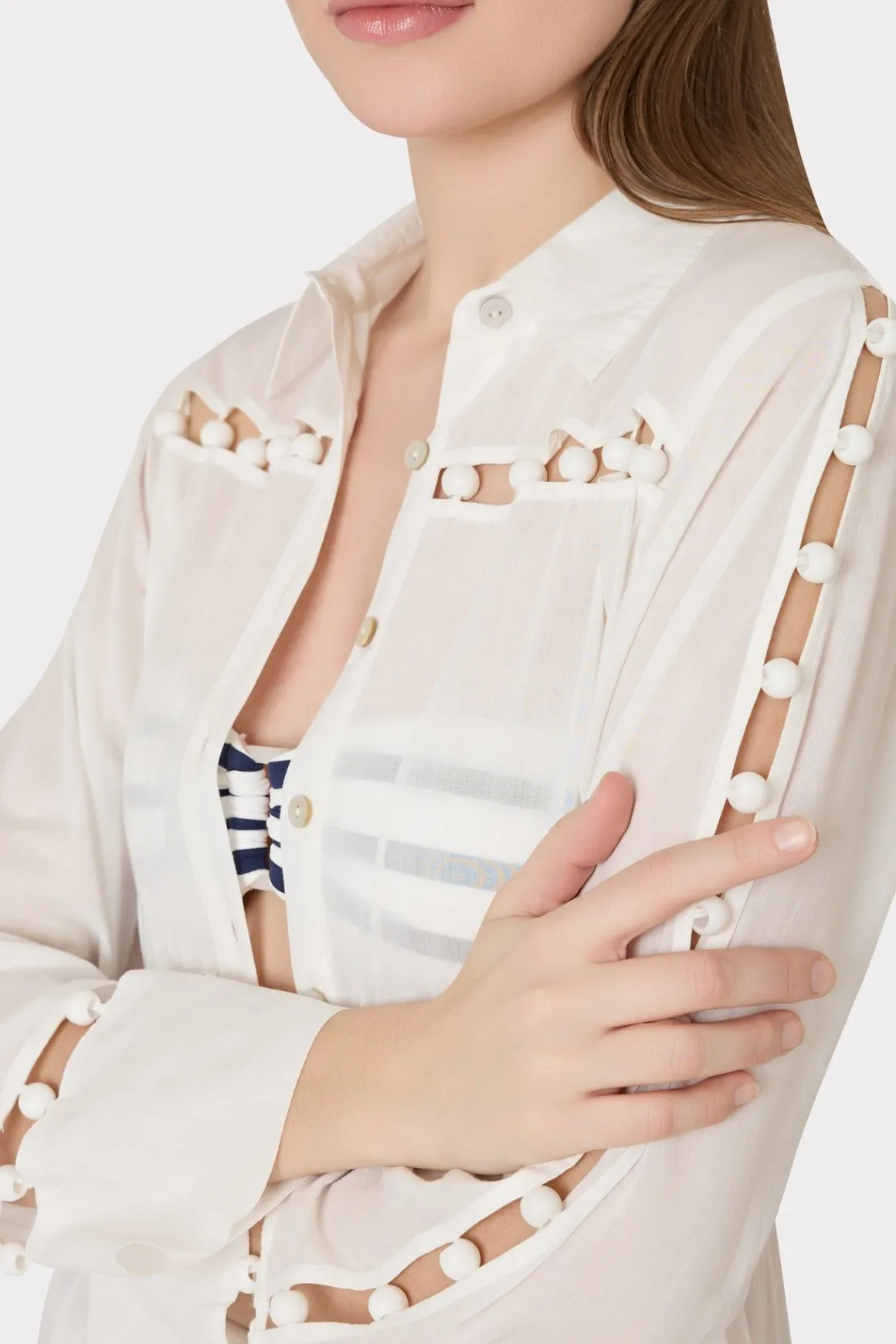 MILLY Cover-Ups-Beaded Cotton Voile Cover-Up Dress White