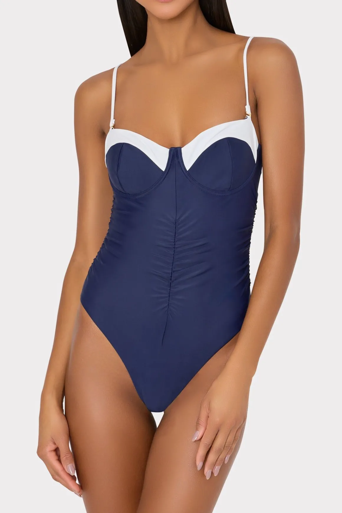 MILLY One Piece Swimsuits-Color Block Ruched One Piece Navy/White
