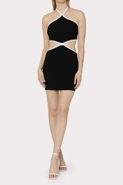 MILLY Knit Dresses-Contrast Trim Halter Mini Dress Black/Ecru