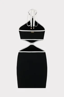MILLY Knit Dresses-Contrast Trim Halter Mini Dress Black/Ecru
