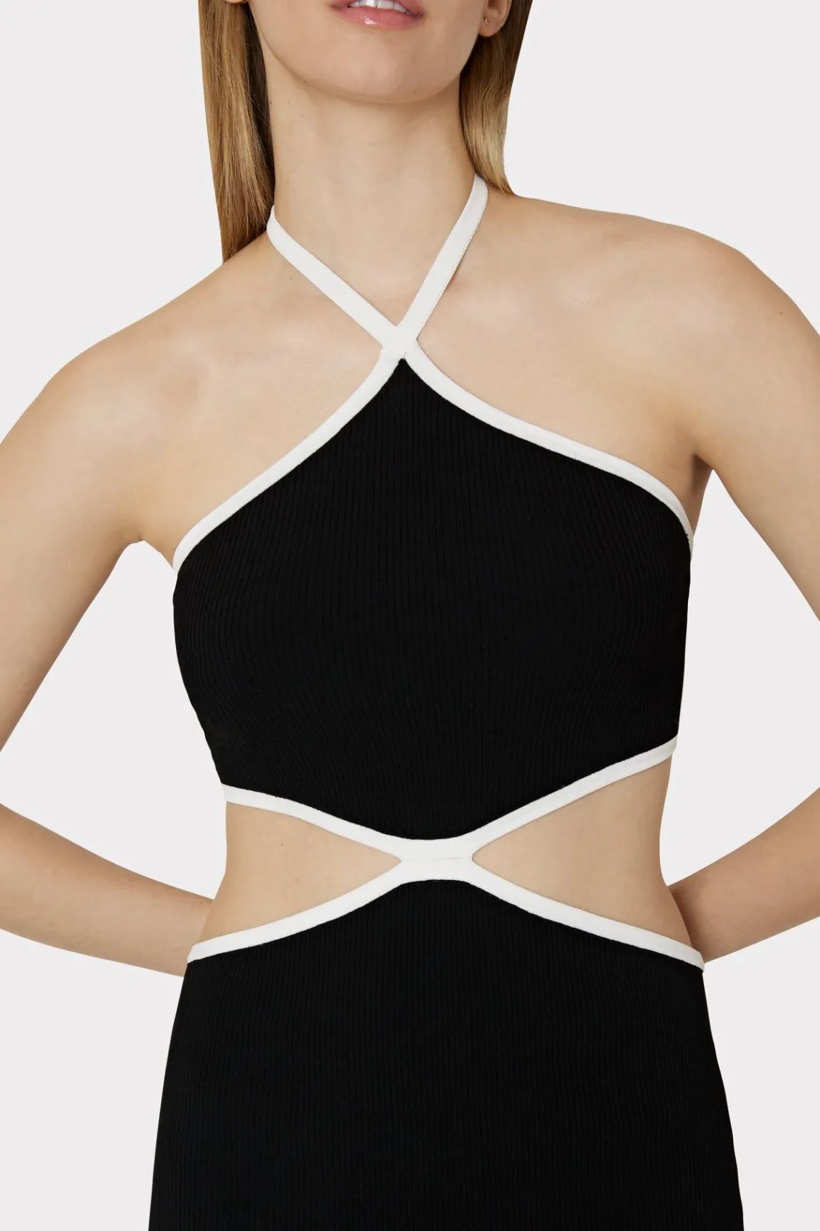 MILLY Little Black Dresses-Contrast Trim Halter Mini Dress Black/Ecru