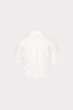 MILLY Cover-Ups-3D Floral Cotton Eyelet Button Up Top White
