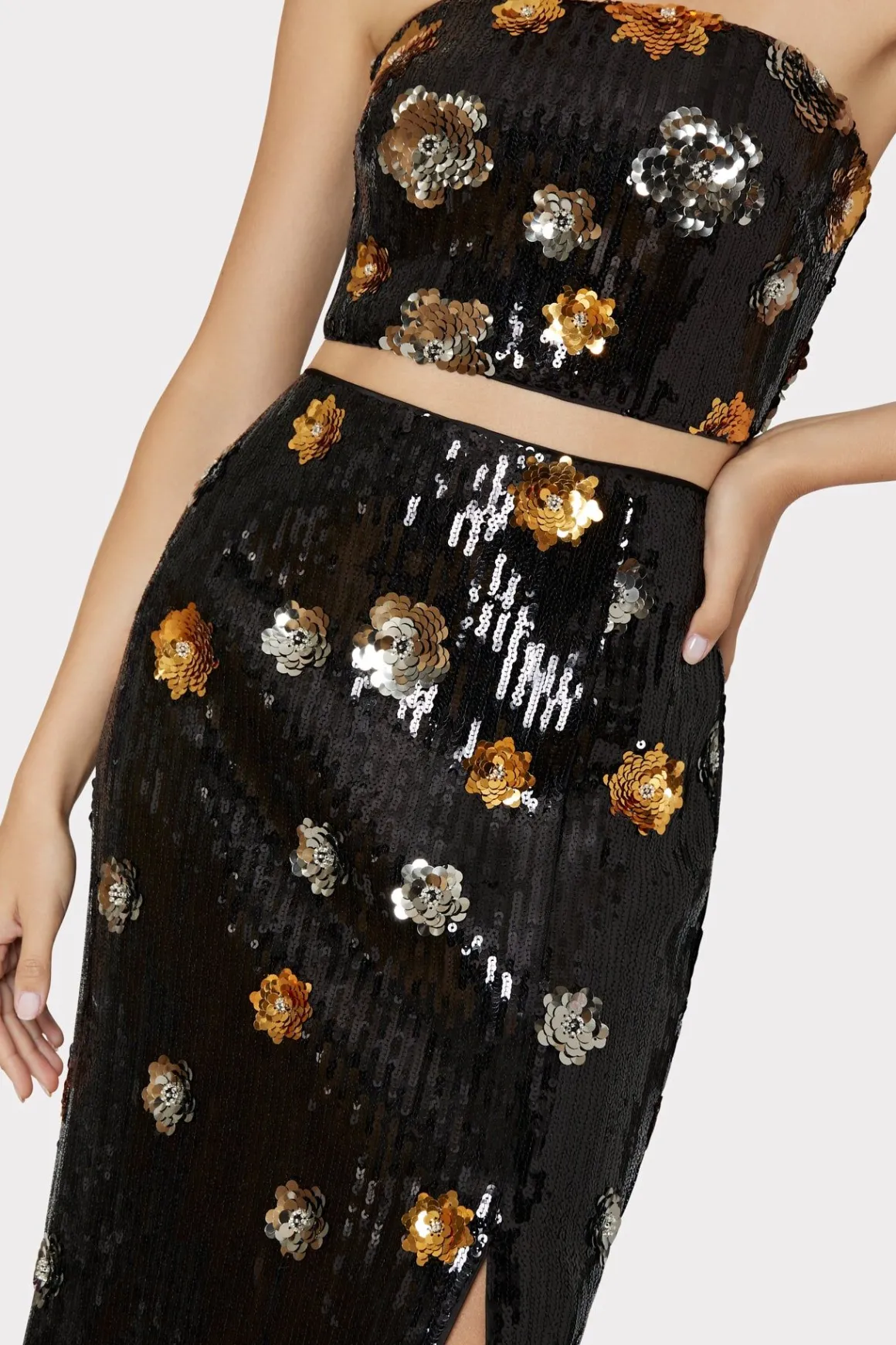 MILLY Tops-3D Floral Sequins Strapless Top Black Multi