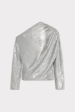 MILLY Tops-Draped One Shoulder Sequins Top Silver