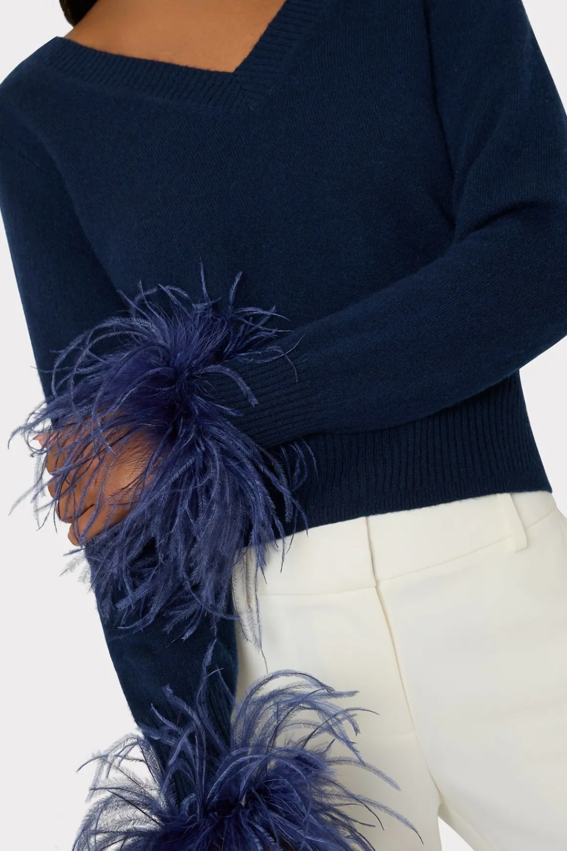 MILLY Tops-Feather Cuff V-Neck Sweater Navy