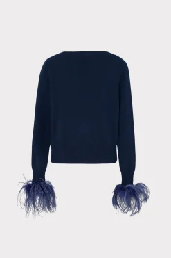 MILLY Tops-Feather Cuff V-Neck Sweater Navy