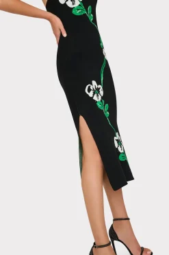 MILLY Knit Dresses-Floral Jacquard Strapless Midi Dress Black Multi