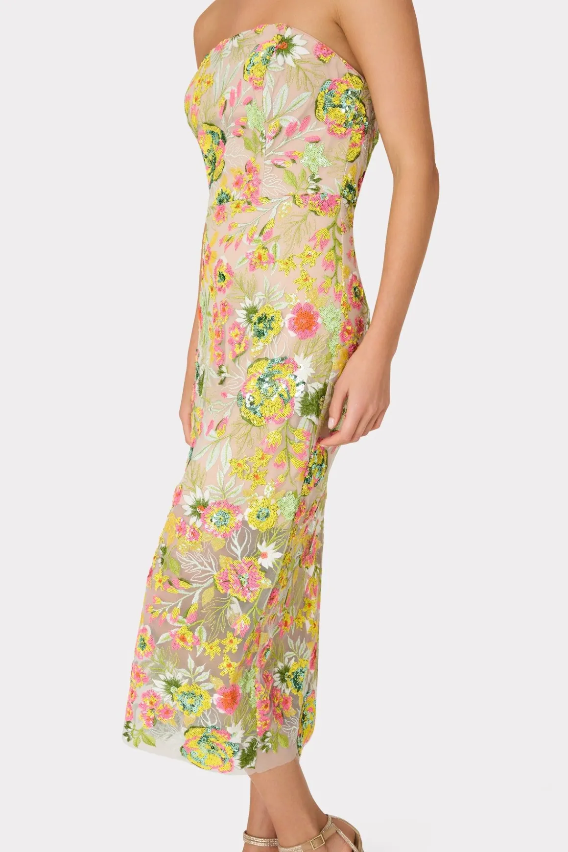 MILLY Guest Of Dresses-Kait Botanical Petals Sequins Dress Green Multi