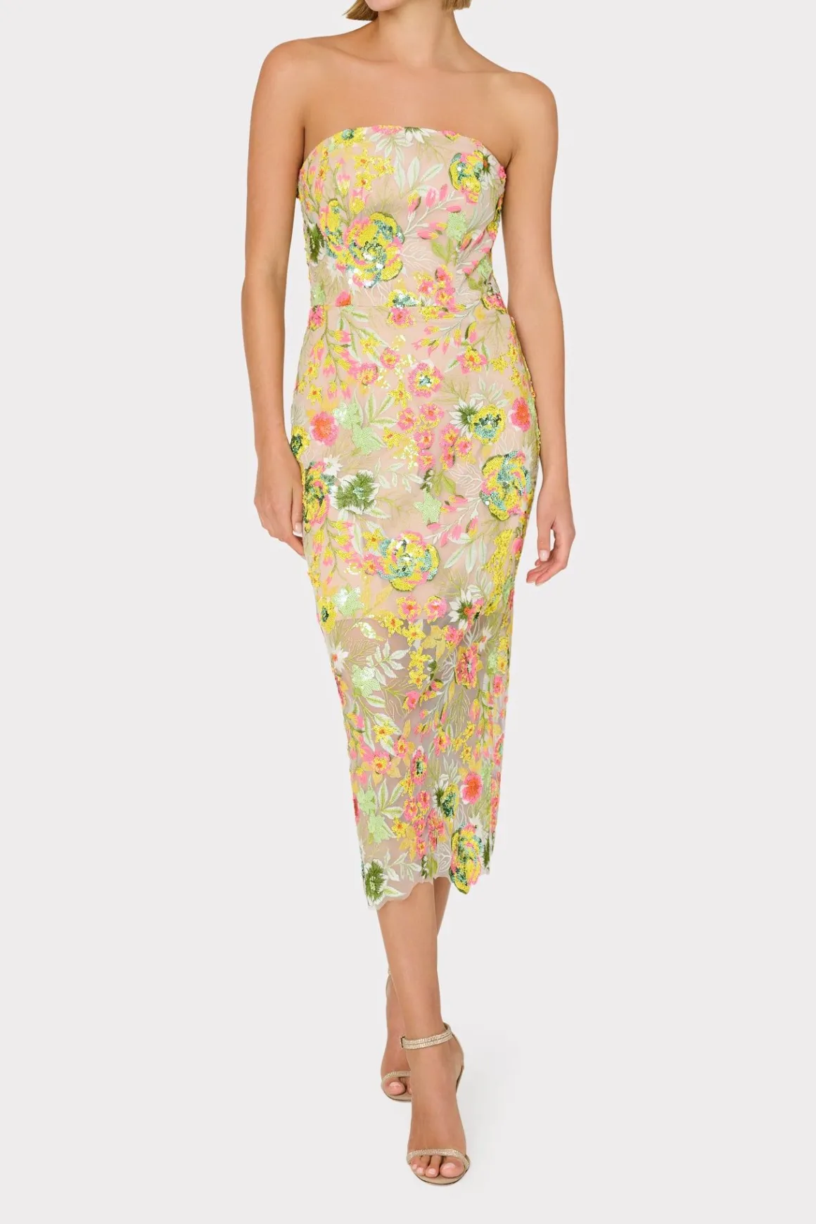 MILLY Evening Gowns-Kait Botanical Petals Sequins Dress Green Multi