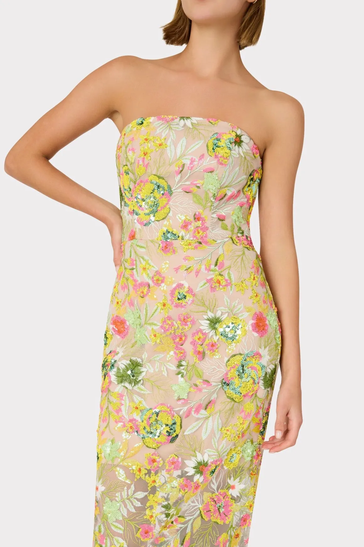 MILLY Evening Gowns-Kait Botanical Petals Sequins Dress Green Multi