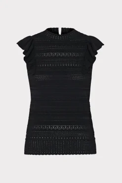 MILLY Jumpsuits & Rompers-Knit Pointelle Flutter Sleeve Top Black