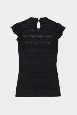 MILLY Tops-Knit Pointelle Flutter Sleeve Top Black