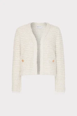 MILLY Jumpsuits & Rompers-Knit Textured Boucle Cardigan Jacket Ecru Multi