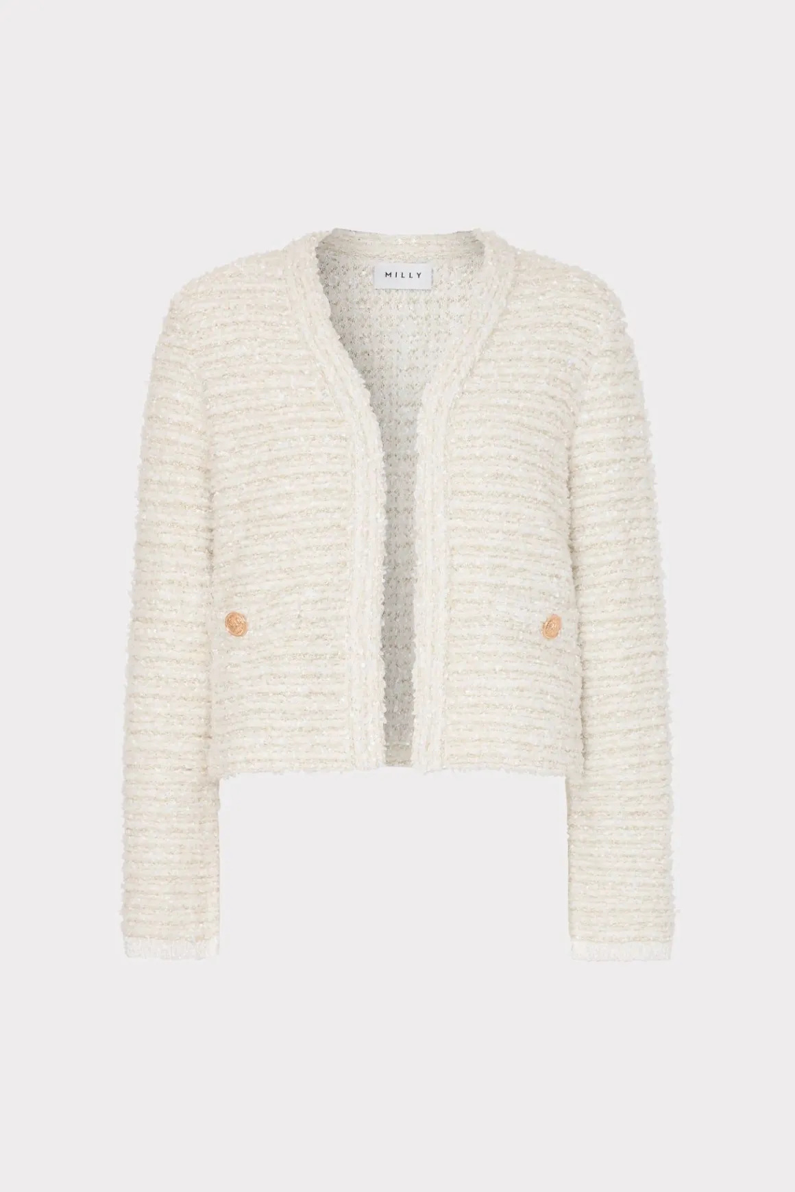 MILLY Jumpsuits & Rompers-Knit Textured Boucle Cardigan Jacket Ecru Multi