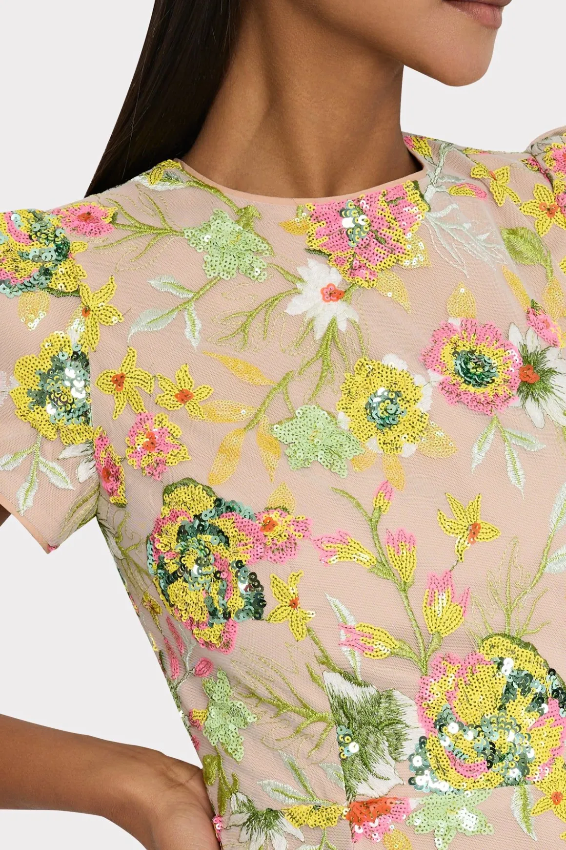 MILLY Cocktail Dresses-Kyla Botanical Petals Sequins Dress Green Multi