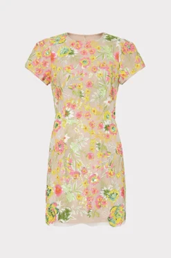 MILLY Mini Dresses-Kyla Botanical Petals Sequins Dress Green Multi