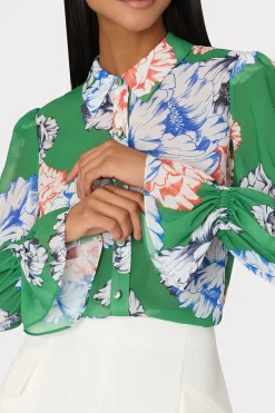MILLY Tops-Lacey Petals In Bloom Blouse Green Multi