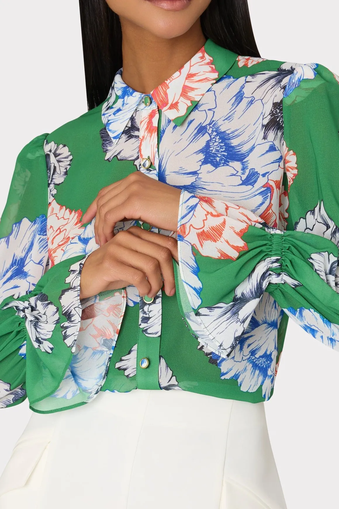 MILLY Tops-Lacey Petals In Bloom Blouse Green Multi