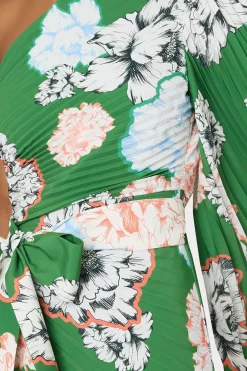 MILLY Mini Dresses-Linden Petals In Bloom Pleated Dress Green Multi
