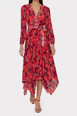 MILLY Maxi Dresses-Liora Windmill Floral Pleated Dress Red Multi
