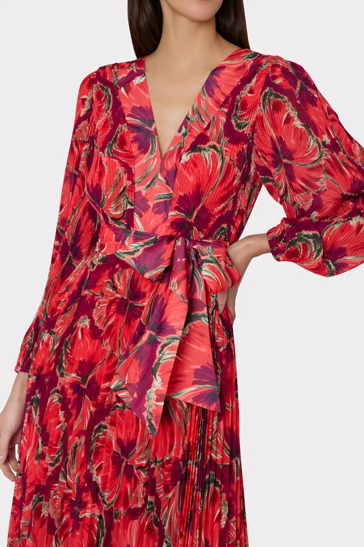 MILLY Maxi Dresses-Liora Windmill Floral Pleated Dress Red Multi
