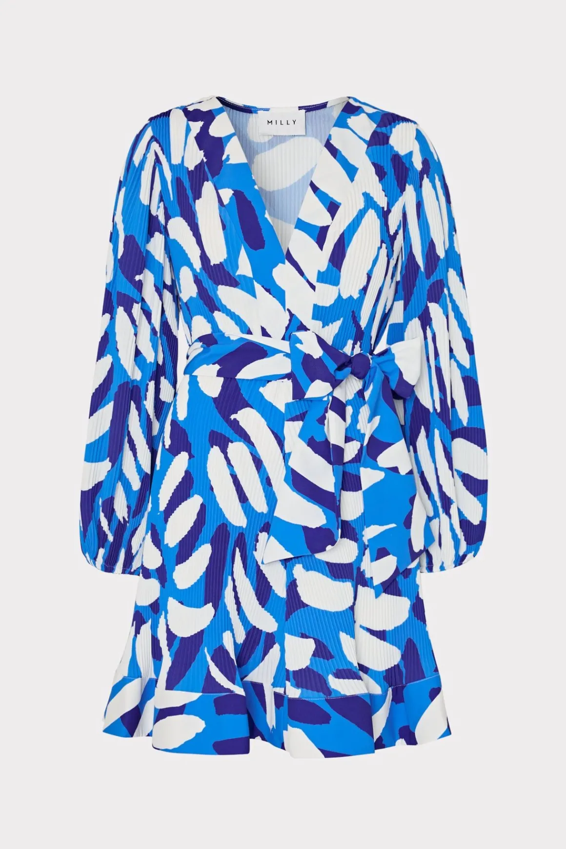MILLY Mini Dresses-Liv Brushstroke Pleated Dress Blue Multi