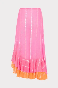 MILLY Jumpsuits & Rompers-Lurex Stripe Ruffle Wrap Skirt Neon Pink/Orange