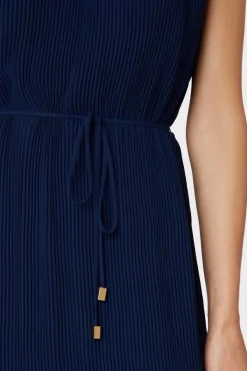 MILLY Maxi Dresses-Melina Solid Pleated Dress Navy