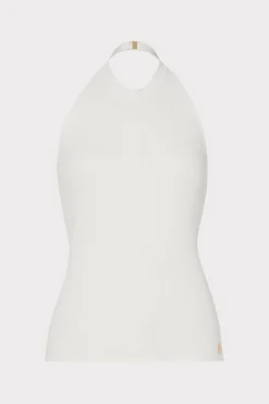 MILLY Tops-Metal Neck Trim Halter Top Ecru