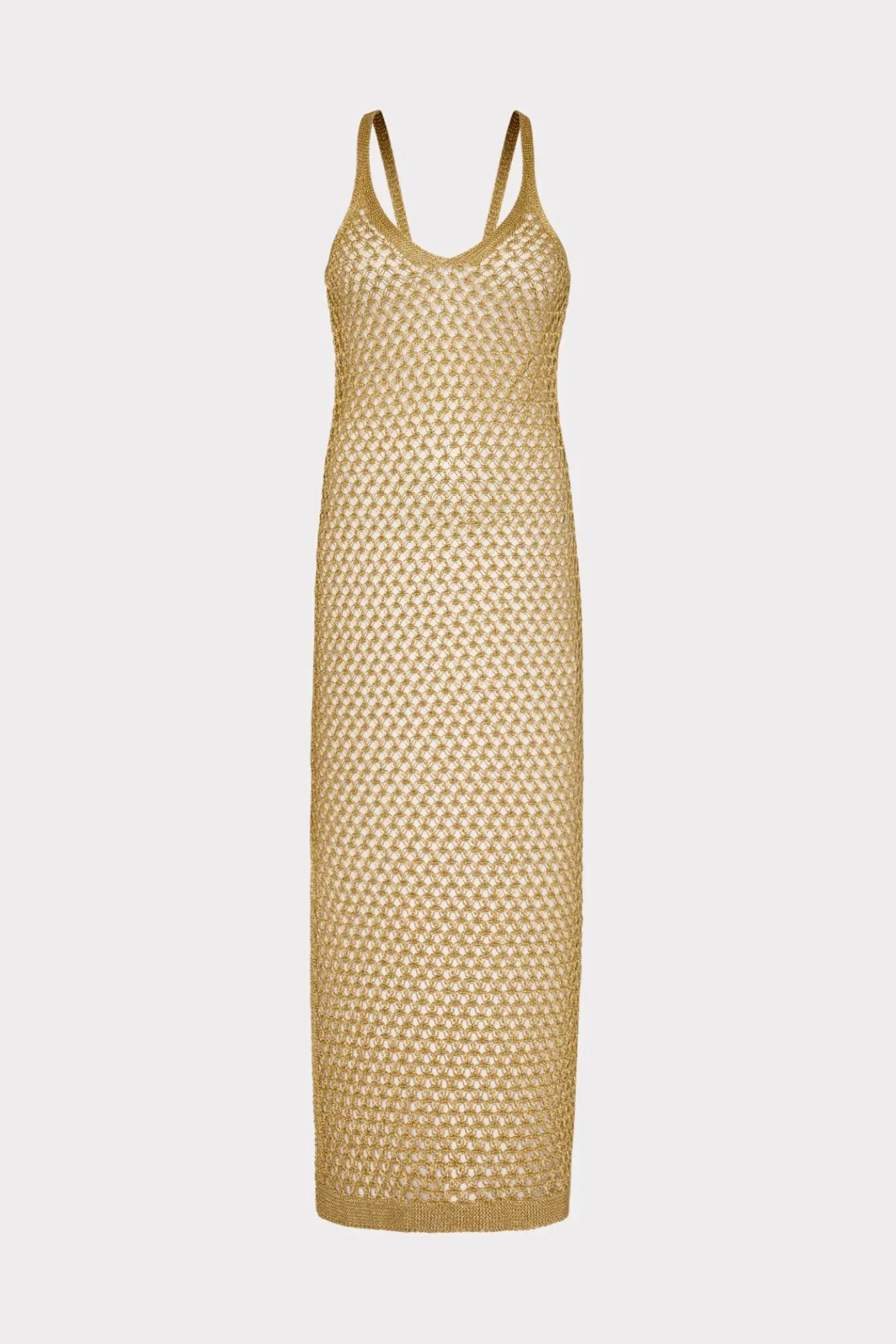 MILLY Jumpsuits & Rompers-Metallic Mesh V Neck Midi Cover-Up Dress Gold