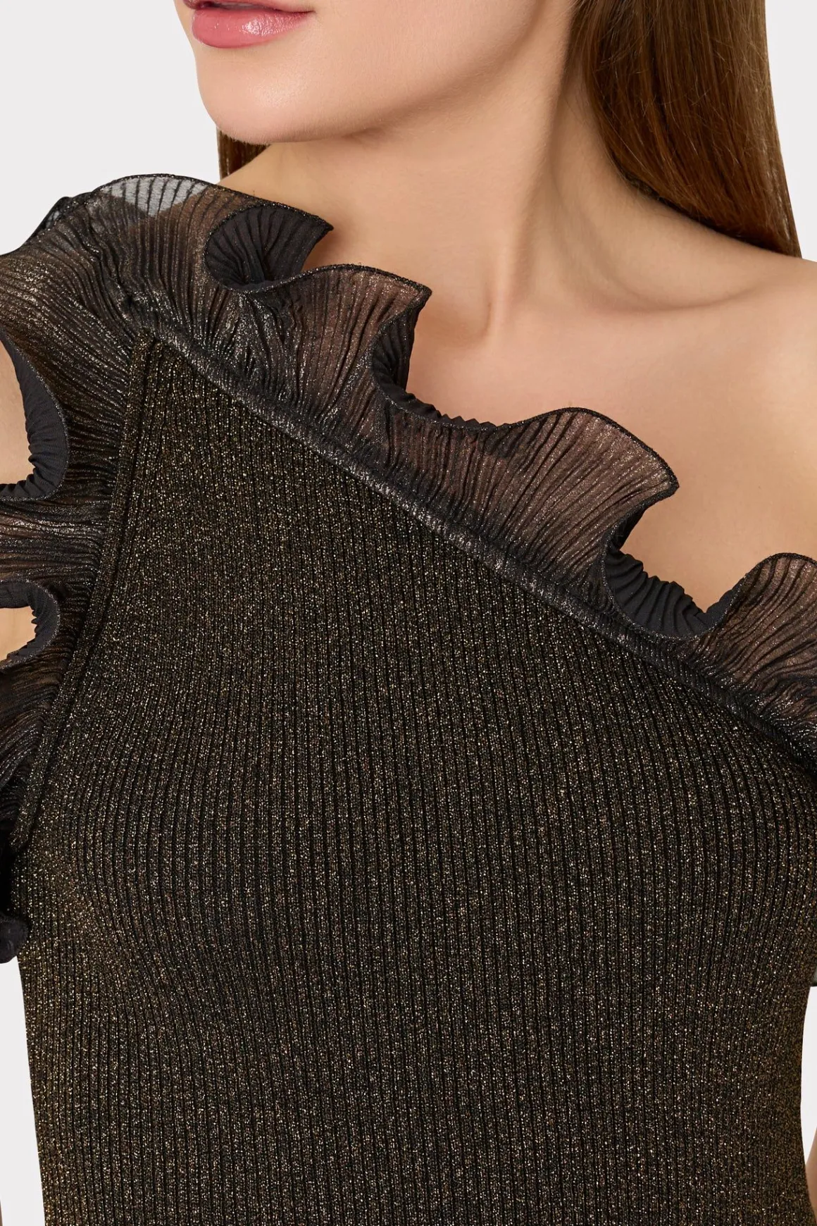 MILLY Knit Dresses-Metallic Scallop Ruffle One Shoulder Dress Gold