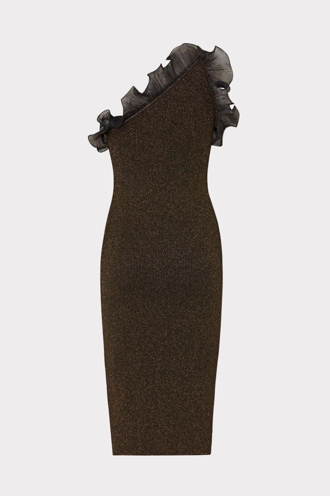 MILLY Knit Dresses-Metallic Scallop Ruffle One Shoulder Dress Gold