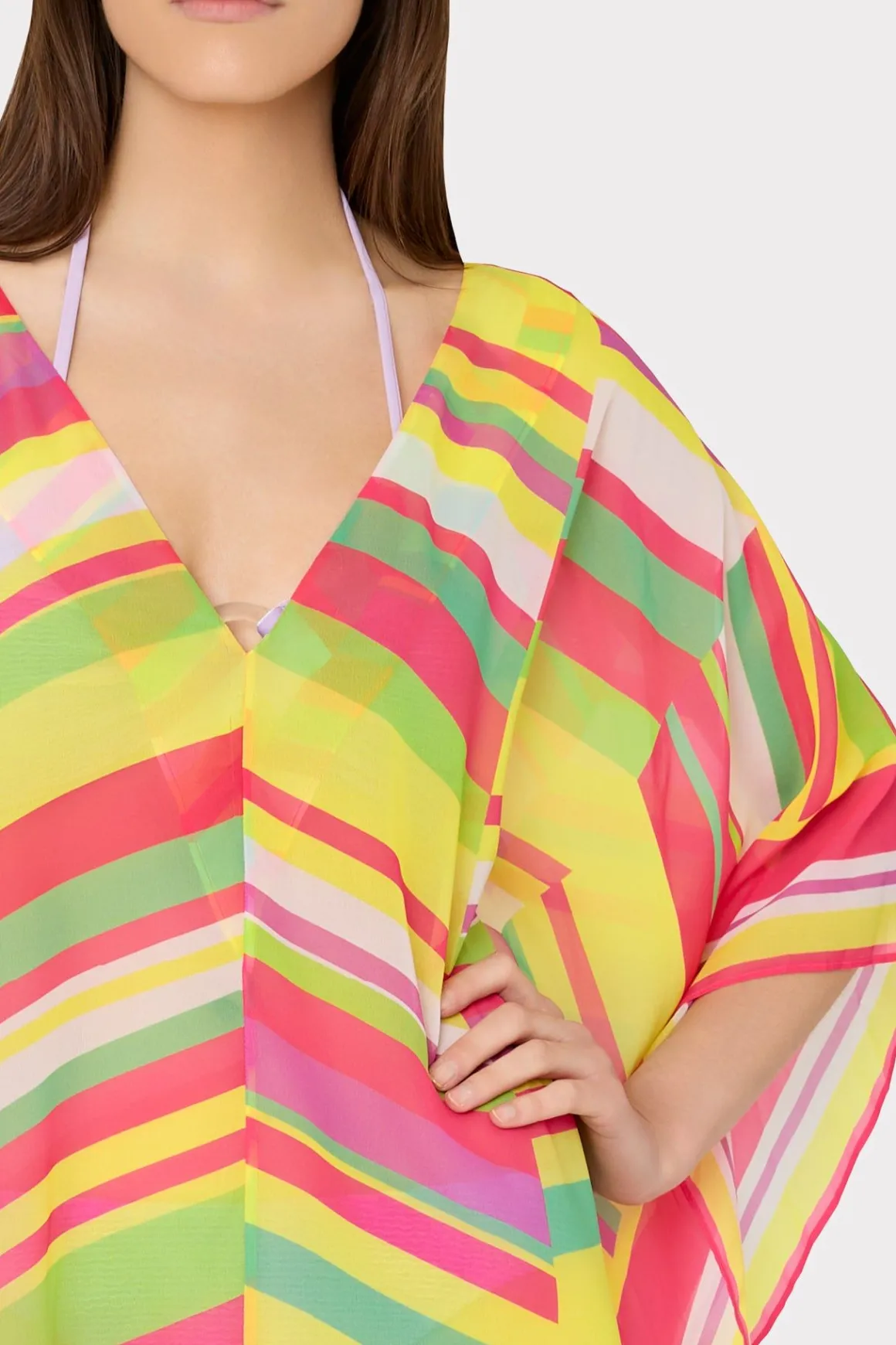 MILLY Cover-Ups-Multi Color Chevron Caftan Green Multi
