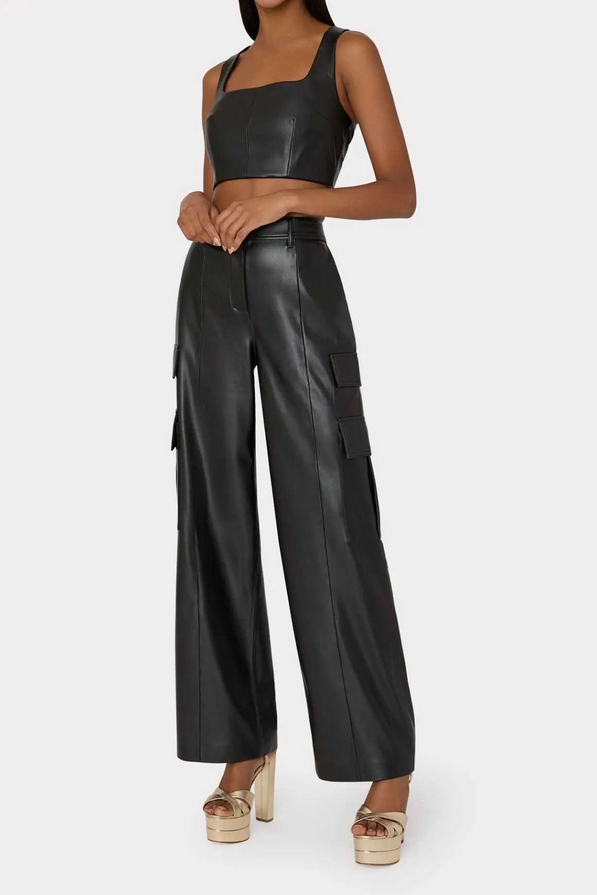 MILLY Tops-Nickie Vegan Leather Crop Top Black