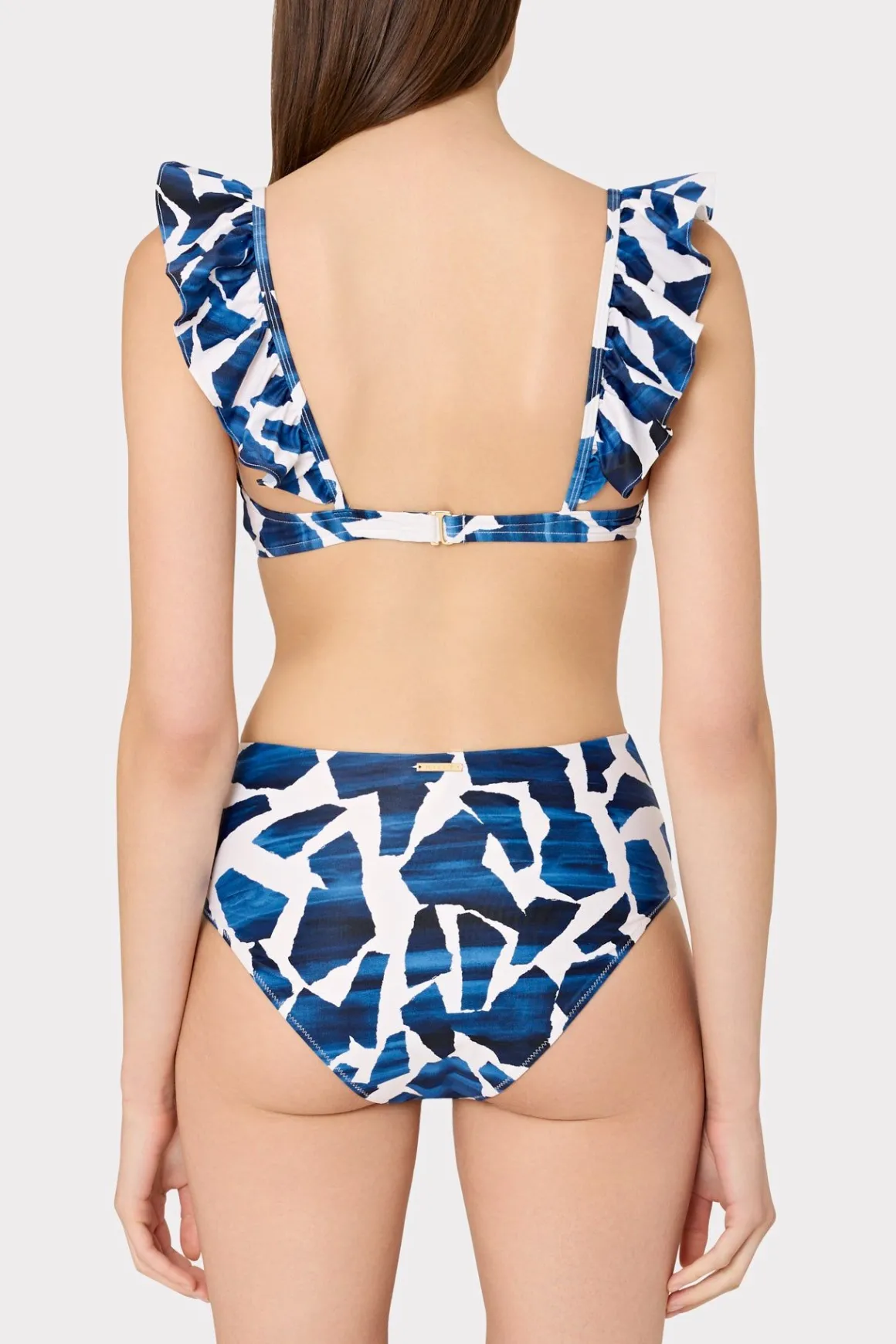 MILLY Jumpsuits & Rompers-Ocean Puzzle Ruffle Bikini Top Navy Multi